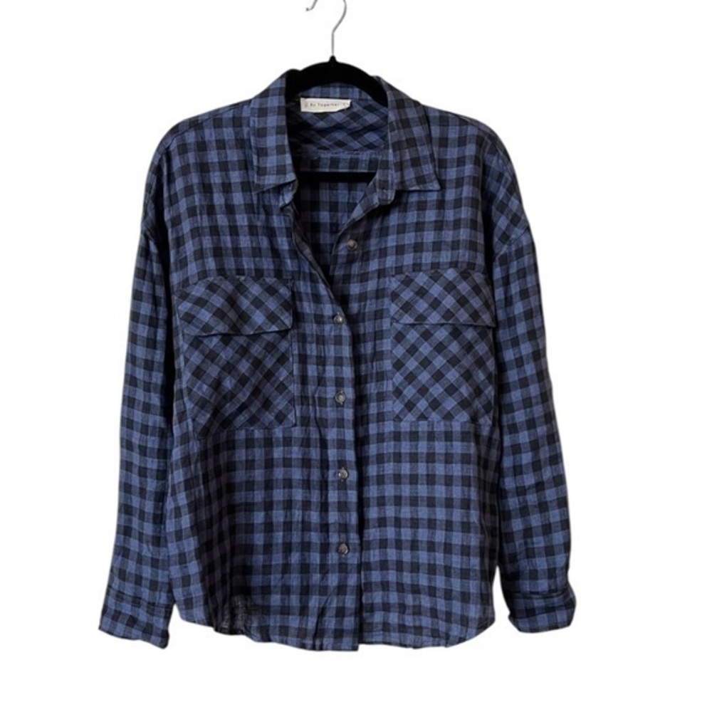By Together Blue/Black Gingham Checked Linen Button Down Shirt w/ Lg. Pockets, S